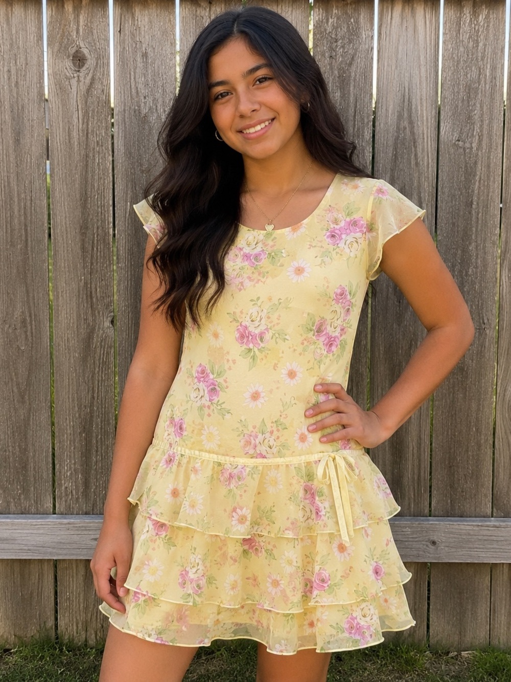 Y2K RMLA Chiffon Floral Tiered Ruffle Cottagecore Dress Sz 16 (XL) Youth